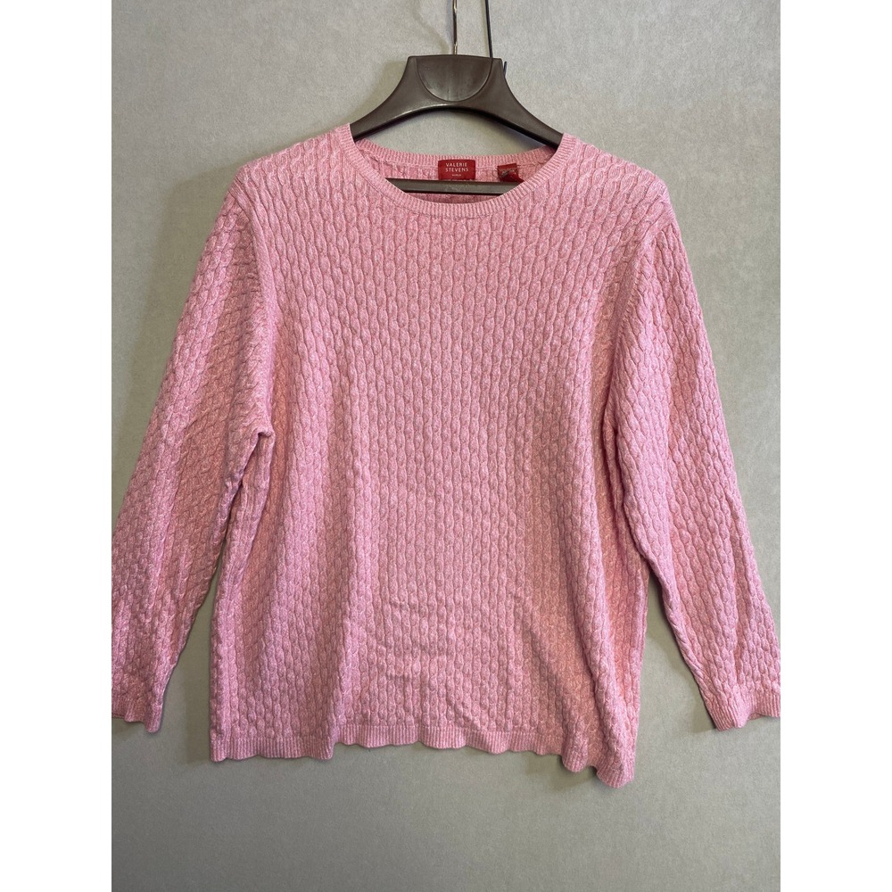 Valerie Stevens Pink Cable Knit Cotton Sweater Womens 1X Crew Neck Long Sleeve